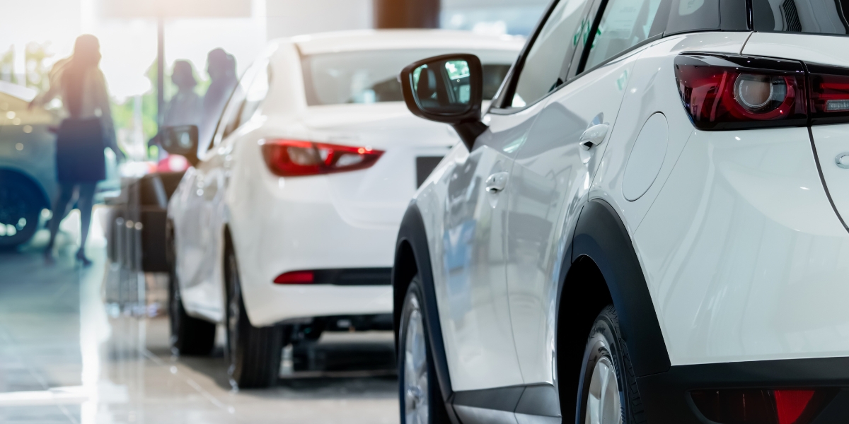 How to transition your fleet to electric in four steps: A row of new white cars on a polished showroom floor, viewed from behind a white SUV, with blurred customers in the background.